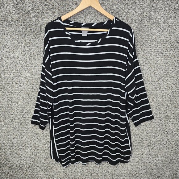Chicos Top Womens 2 US Large Black‎ Striped Knit Scoop Neck Tee Casual Ladies - Picture 1 of 7